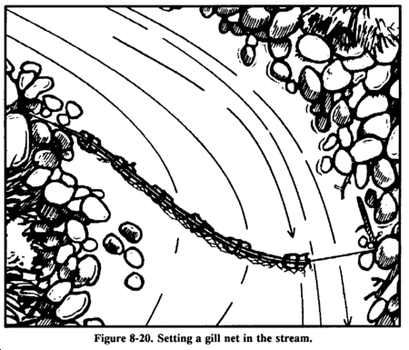 Drawing: Figure 8-20. Setting a gill net in the stream